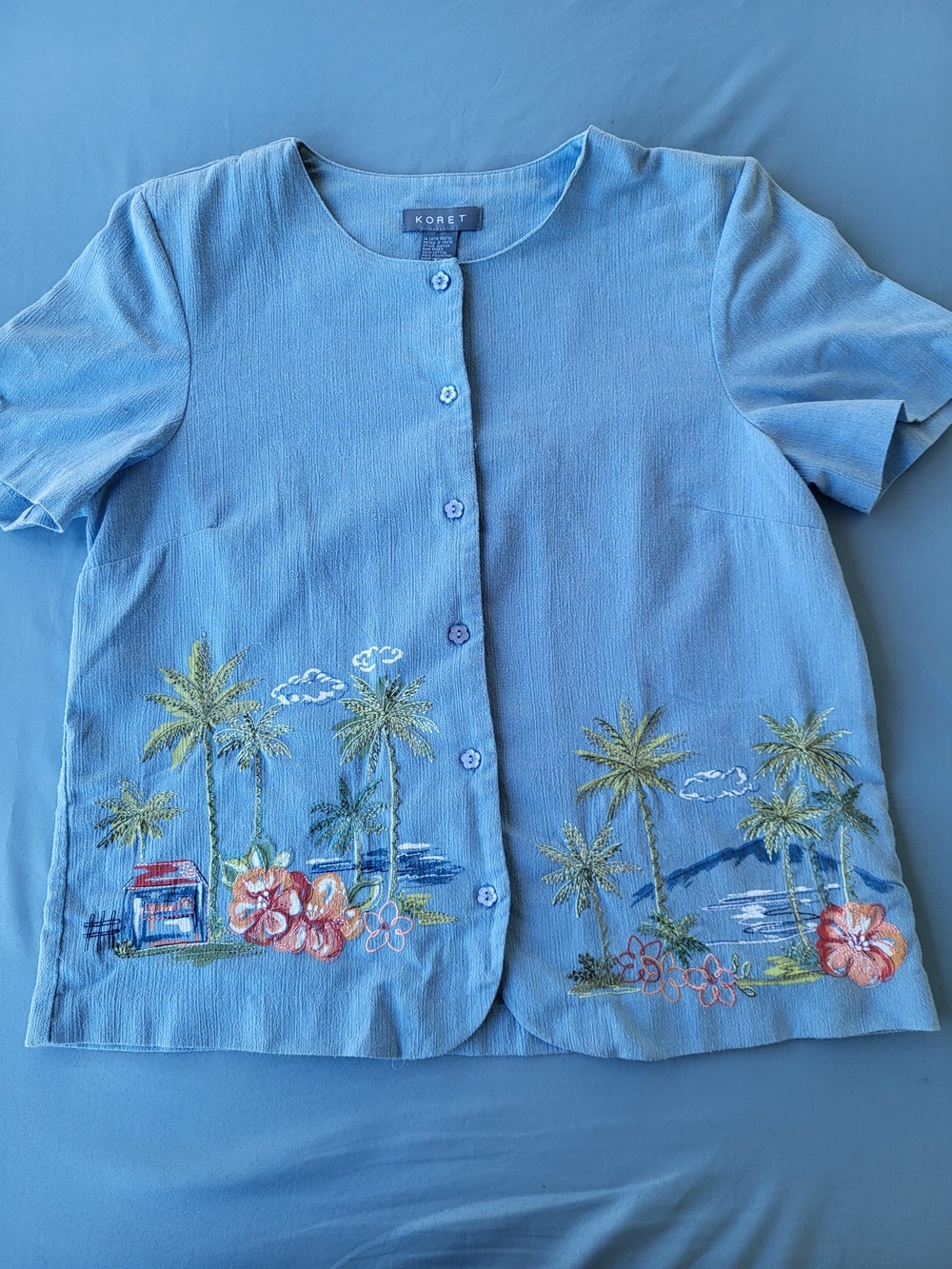 Koret Light Blue Short Sleeve Button Front Blouse with Tropical Embroidery